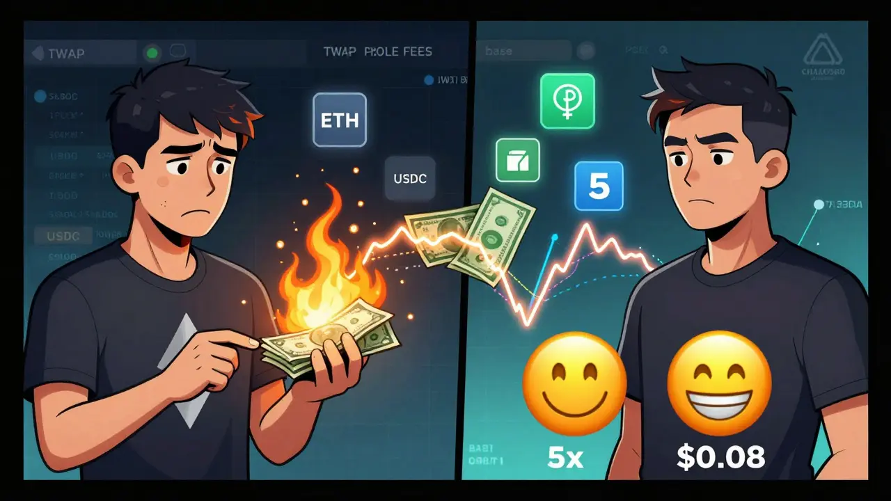 Split scene: trader paying  gas on Ethereum vs. <h2>How Liquidity Providers Win</h2>.08 on Base with floating icons for advanced trading tools