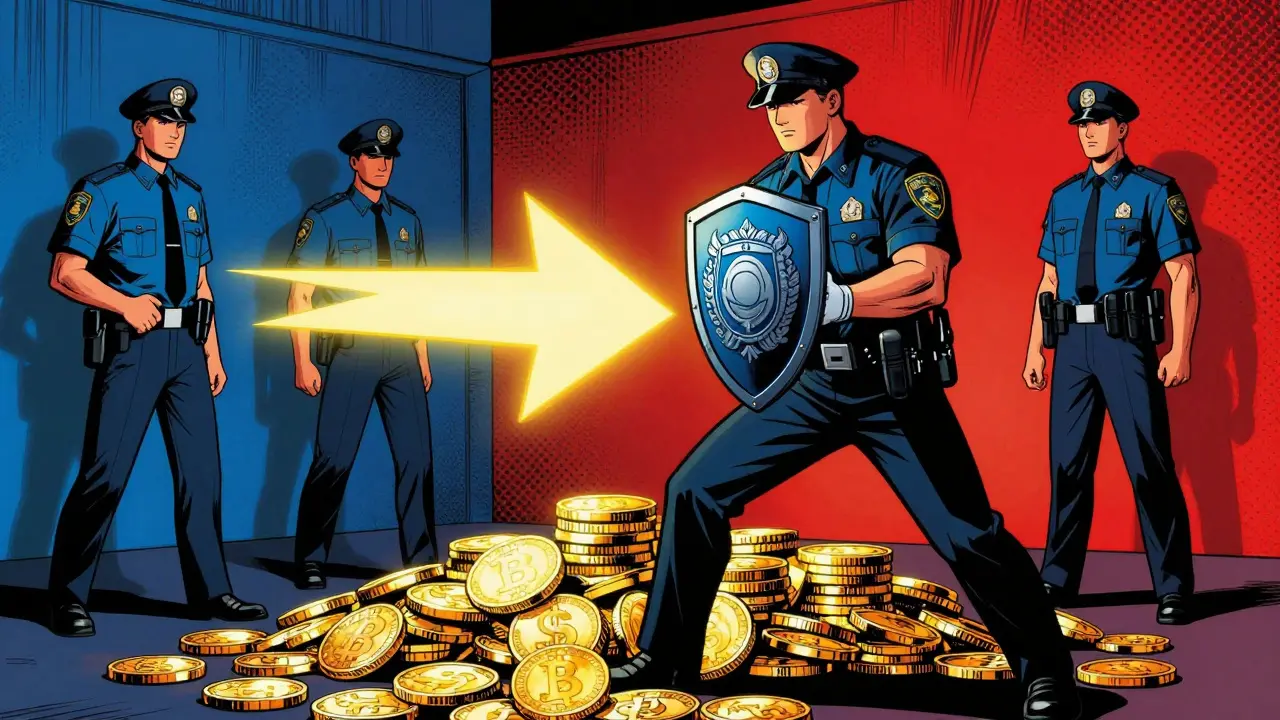 Stylized law enforcement figures guarding glowing digital coins from a transaction arrow.