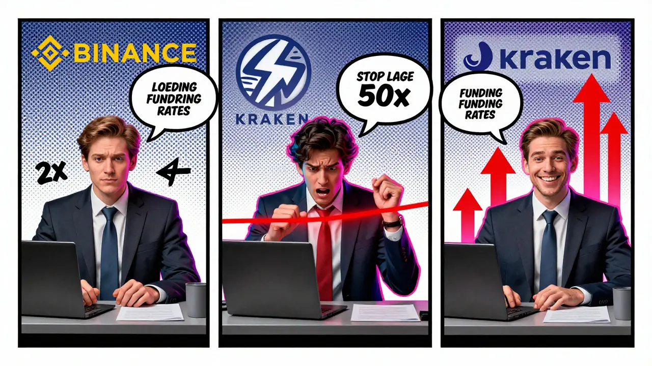 Three traders with different leverage levels shown in pop art comic style with exchange logos.