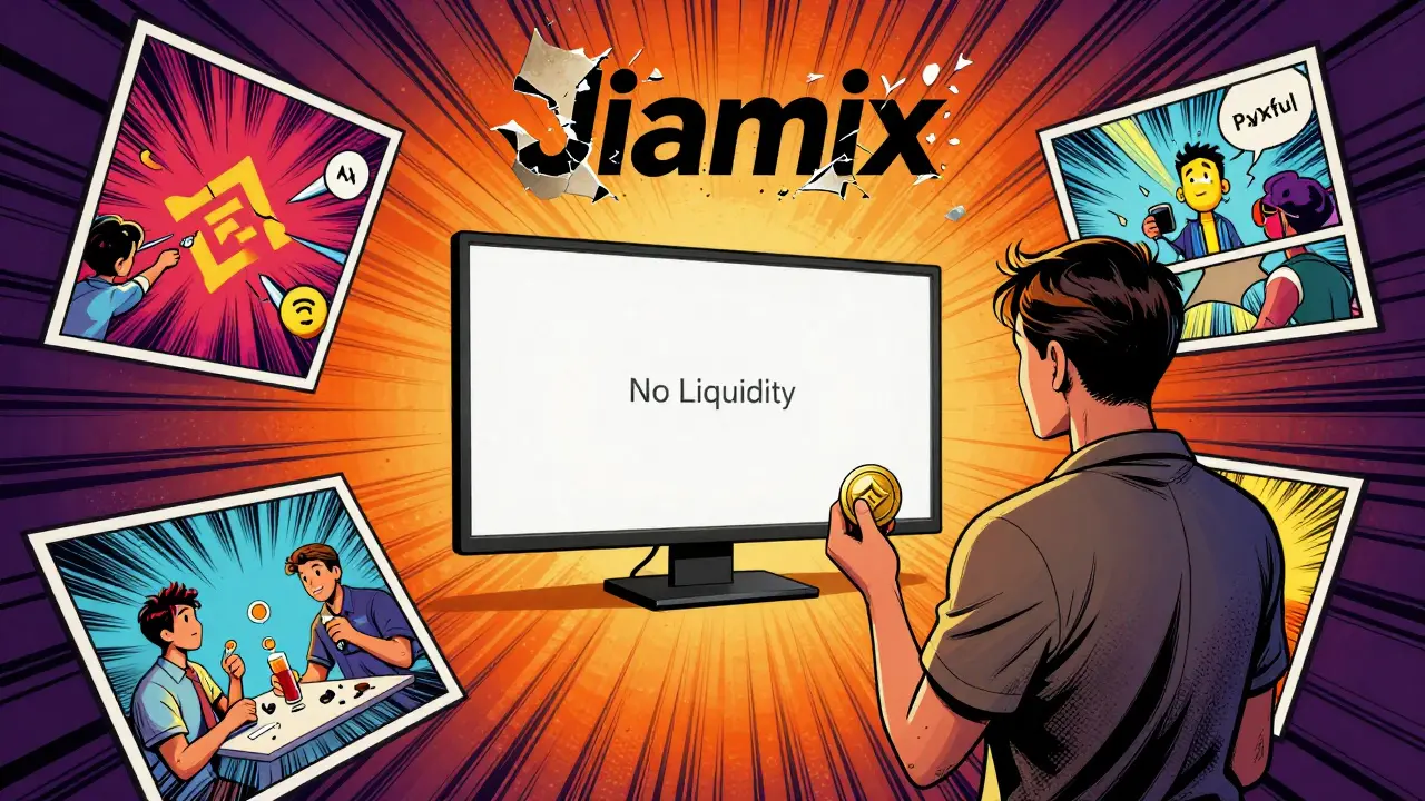 Trader staring at a blank screen surrounded by active competitors while Jiamix's logo peels away.