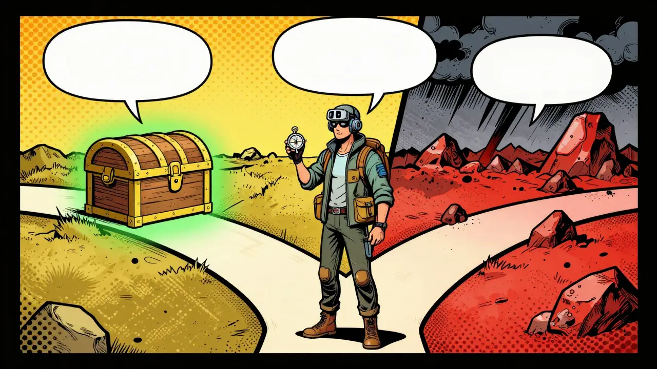 Traveler at crossroads facing risky path versus reward path in comic style.