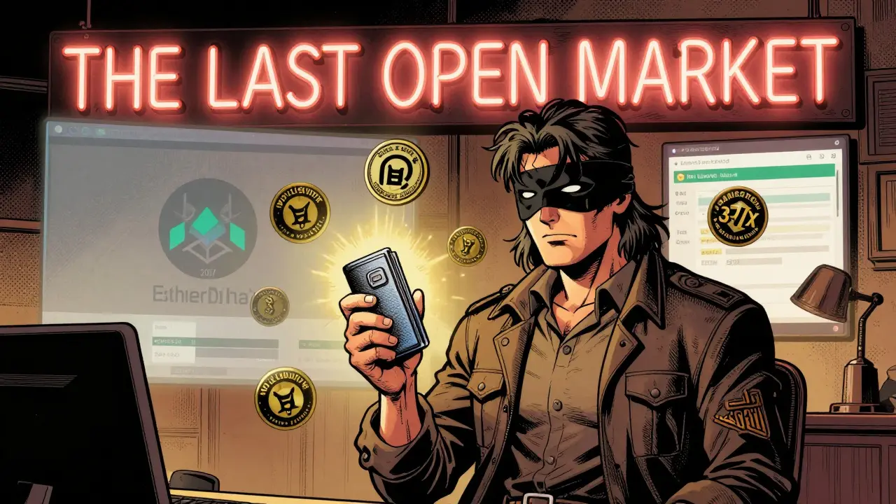 Veteran crypto trader holding a hardware wallet surrounded by risky ERC-20 tokens, with fading EtherDelta logo in background.