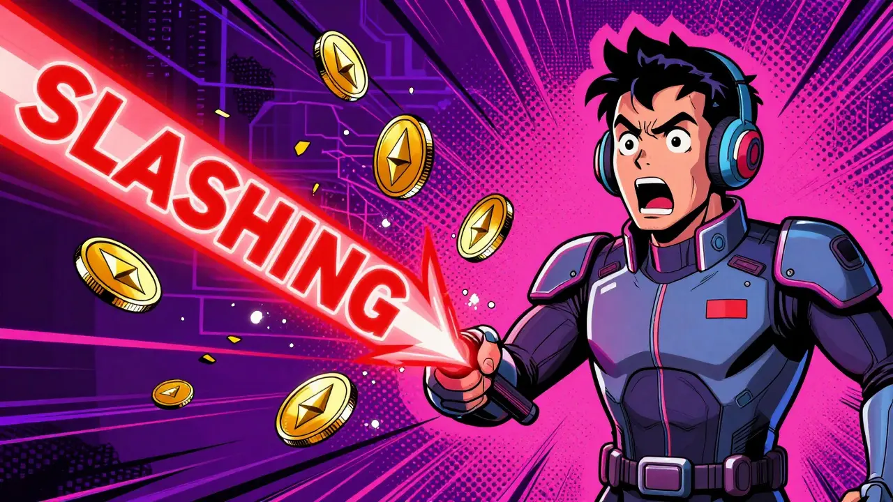 A comic character losing glowing digital coins to a red slashing laser beam.