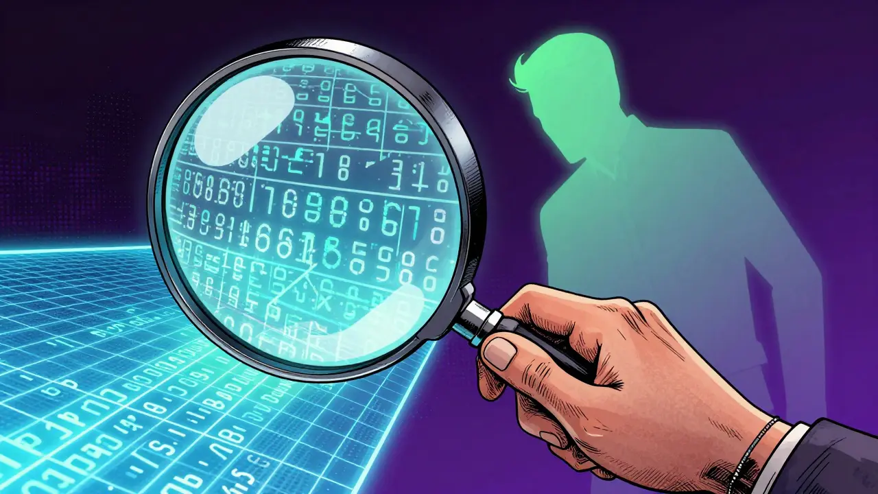 A detective using a magnifying glass to inspect a blockchain contract address in pop art style.