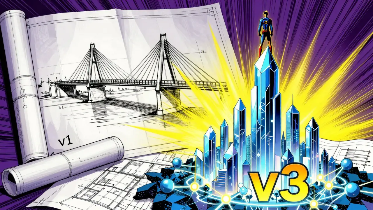 A futuristic crystalline city rising from a rough architectural blueprint in a comic book style.