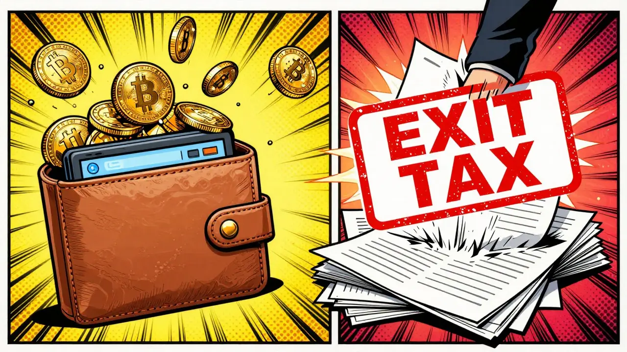 A giant red exit tax stamp slamming down on crypto assets in pop art comic style