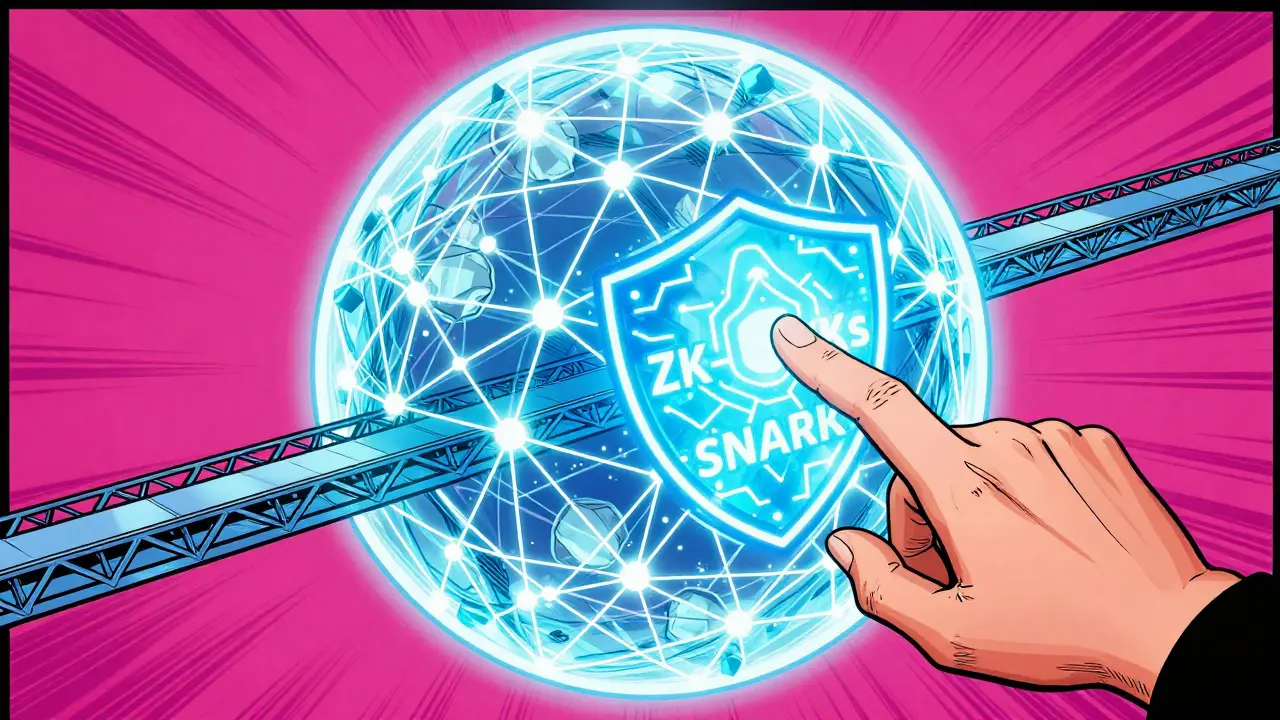 A glowing, interconnected web of blockchain nodes with cryptographic shields for security