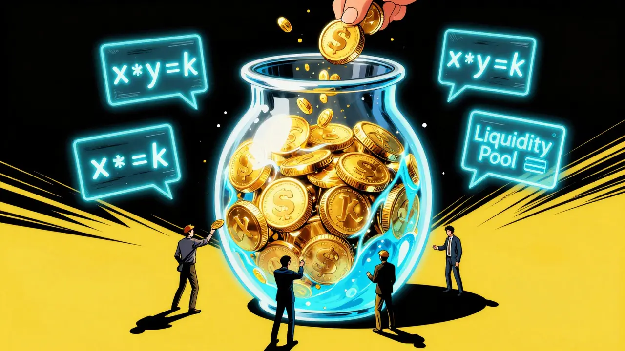 A glowing vat of blue and gold liquid representing a DeFi liquidity pool with floating math formulas.