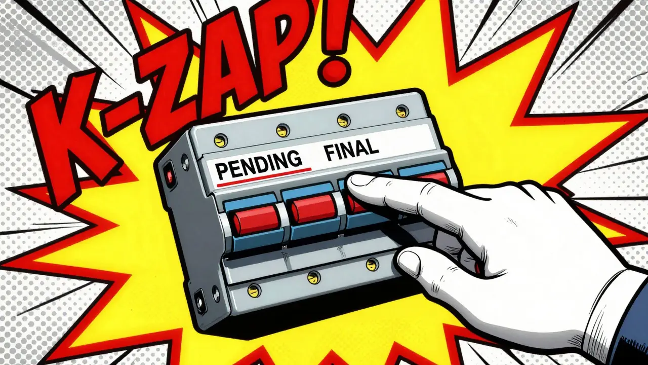 A hand flipping a large industrial circuit breaker switch with a colorful comic explosion effect.