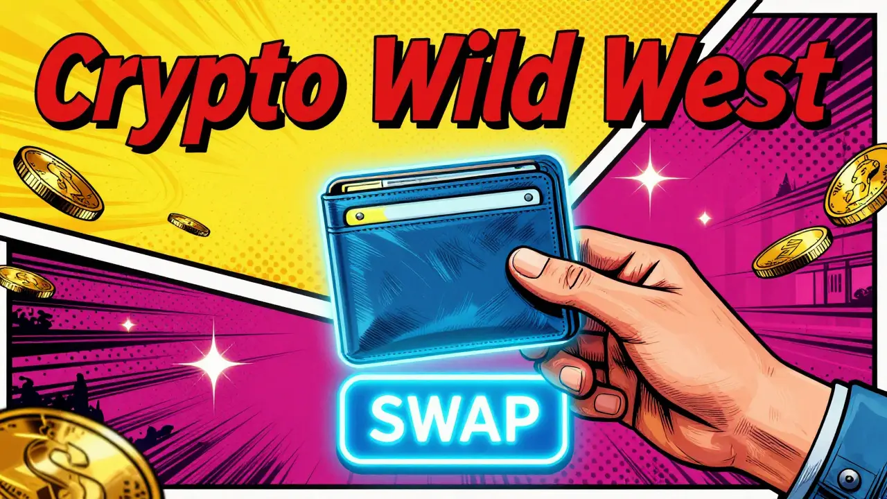 A hand using a holographic wallet to swap tokens in a vibrant pop art digital west.