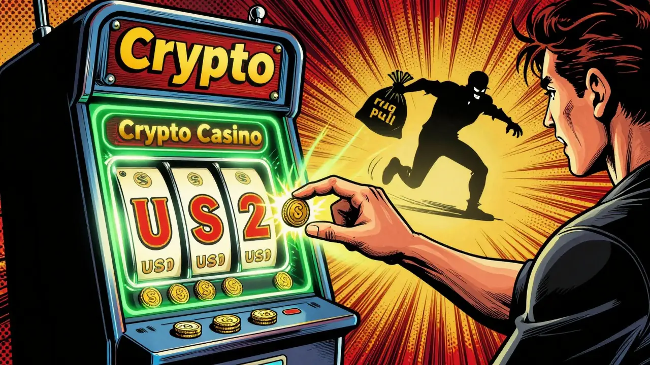 A person gambling with a USD2 token at a futuristic comic-style slot machine.