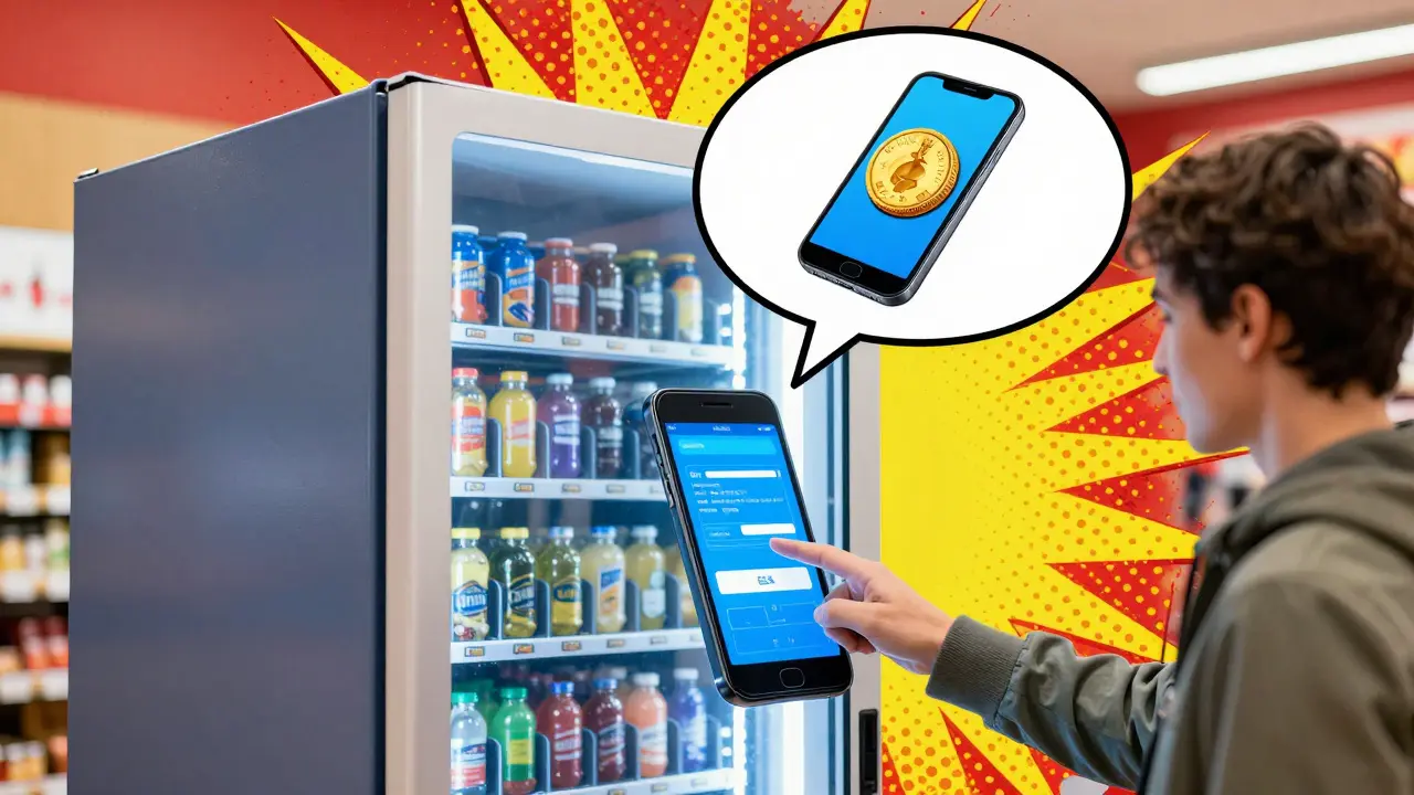 A person receiving a digital token from a smart vending machine into a mobile wallet.