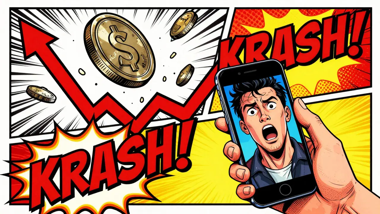 A shattering rock coin falling along a red downward arrow in a comic book style.