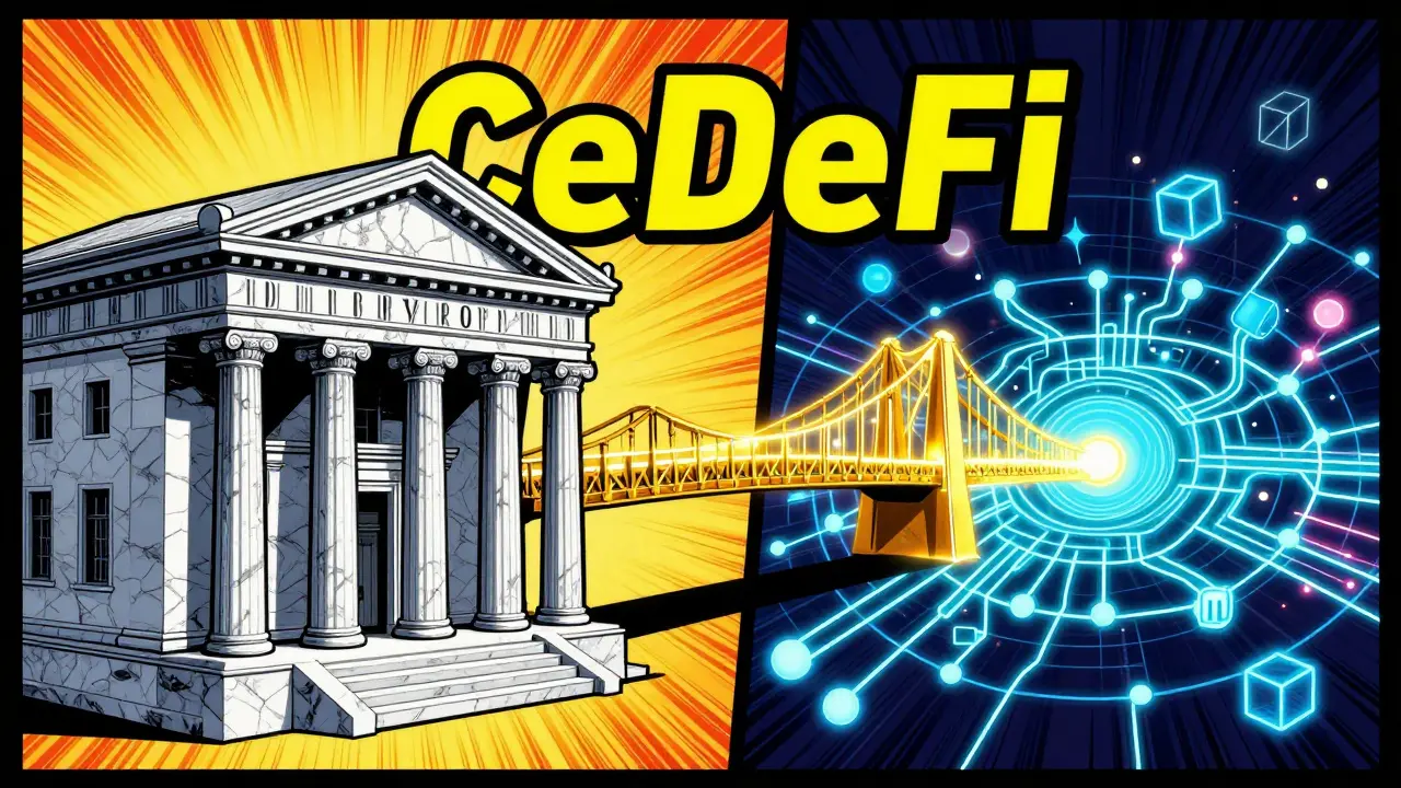A stylized bridge connecting a traditional bank and a digital blockchain network.