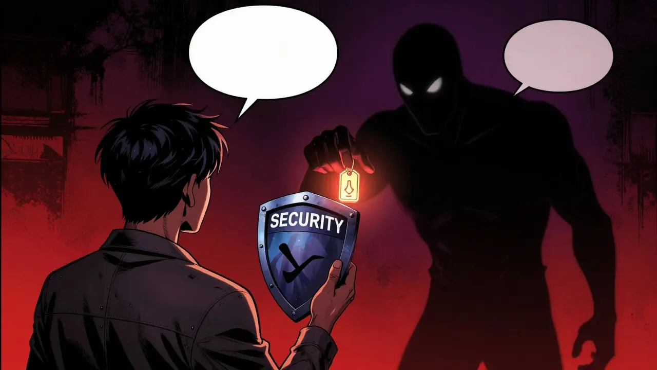 Comic book scene of a user using a security shield to block a cryptocurrency scammer.