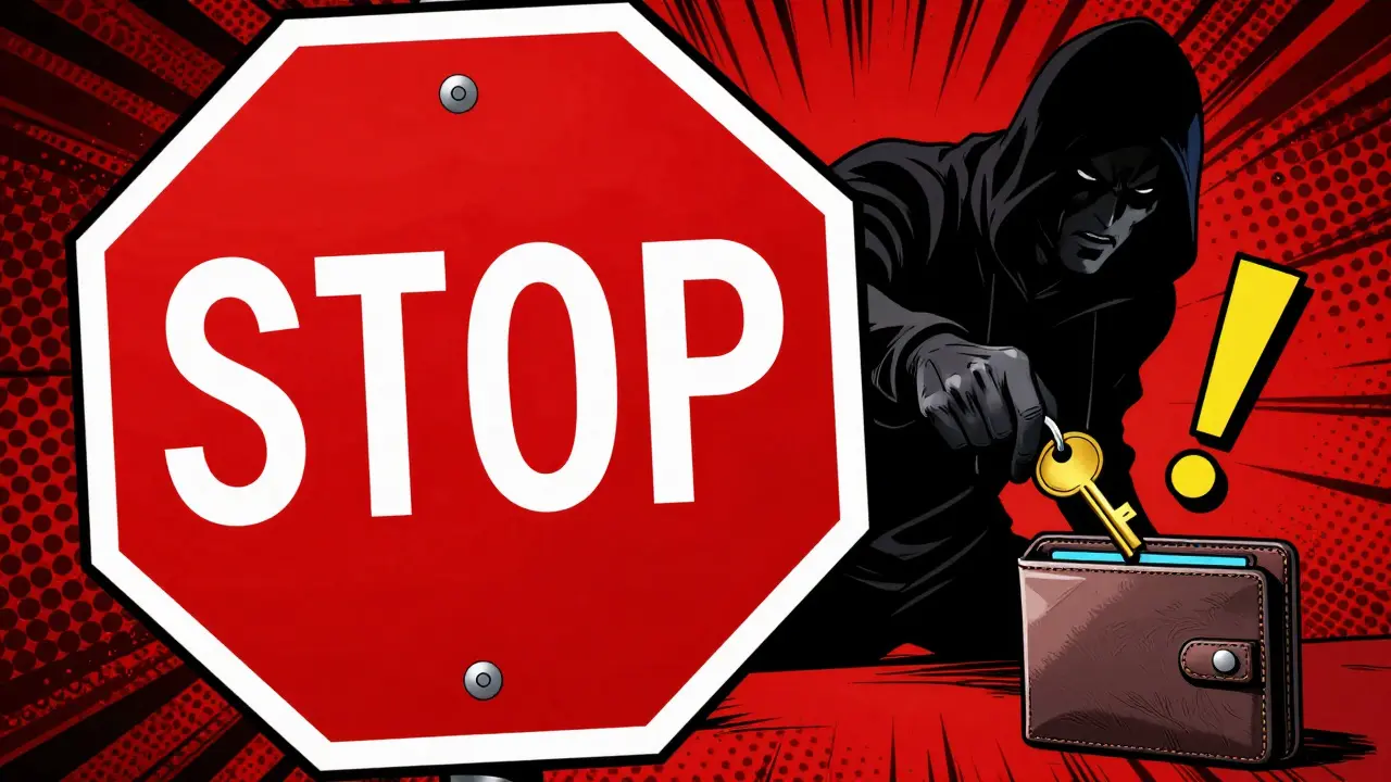 Comic book warning image showing a hooded scammer trying to steal a crypto wallet key.