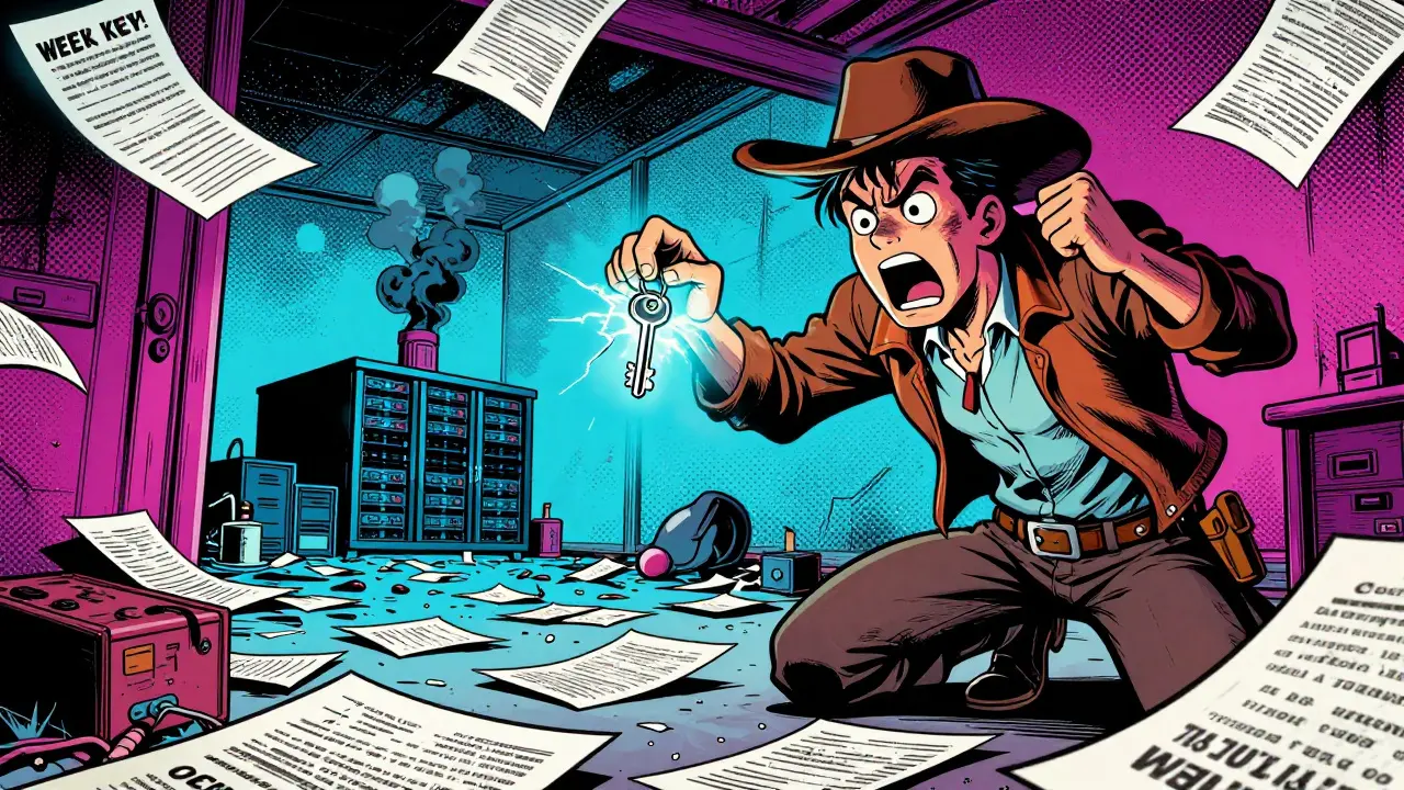 Comic illustration of a panicked person holding a cracking digital key amidst a chaotic room.
