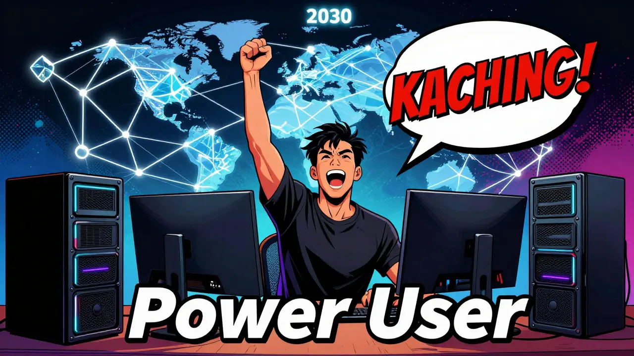 Comic illustration of a user with powerful computer hardware earning crypto rewards.