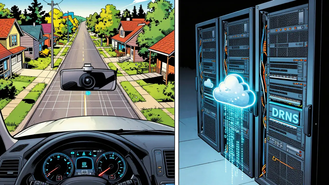 Comic split-screen showing a mapping dashcam and a high-tech GPU server rack.