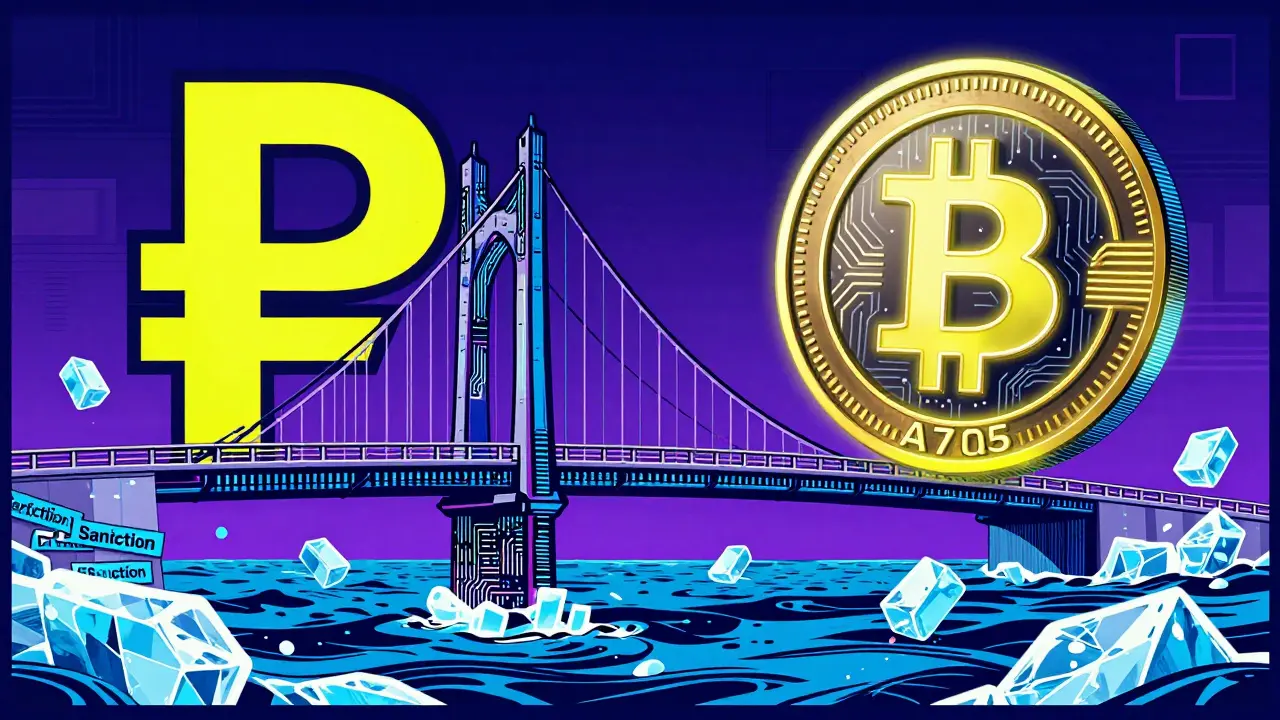 Comic style digital bridge connecting Russian rubles to a stablecoin