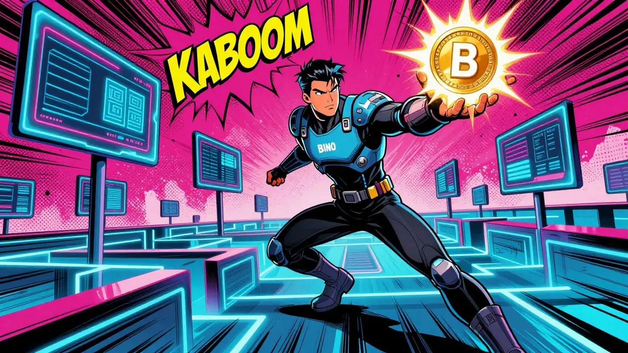 Comic style illustration of a digital hero completing exchange challenges to earn BINO tokens.
