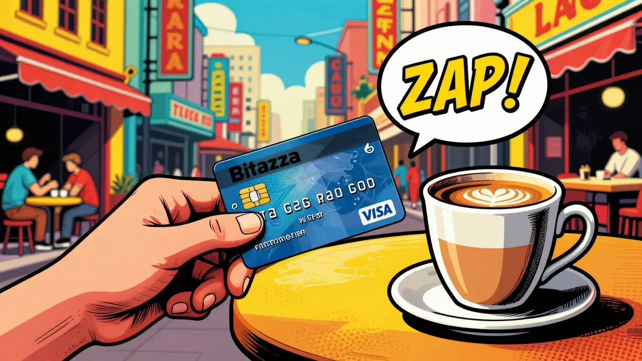 Comic style illustration of a person paying for coffee with a crypto Visa card.