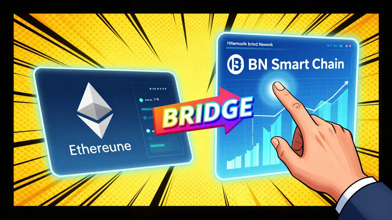 Comic style illustration of a trader using a bridge to perform arbitrage between two networks.