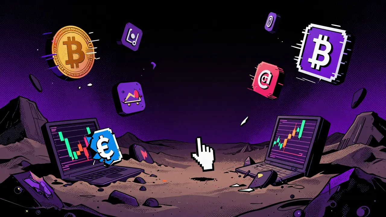 Comic style image of a digital graveyard with broken crypto symbols and glitching charts.