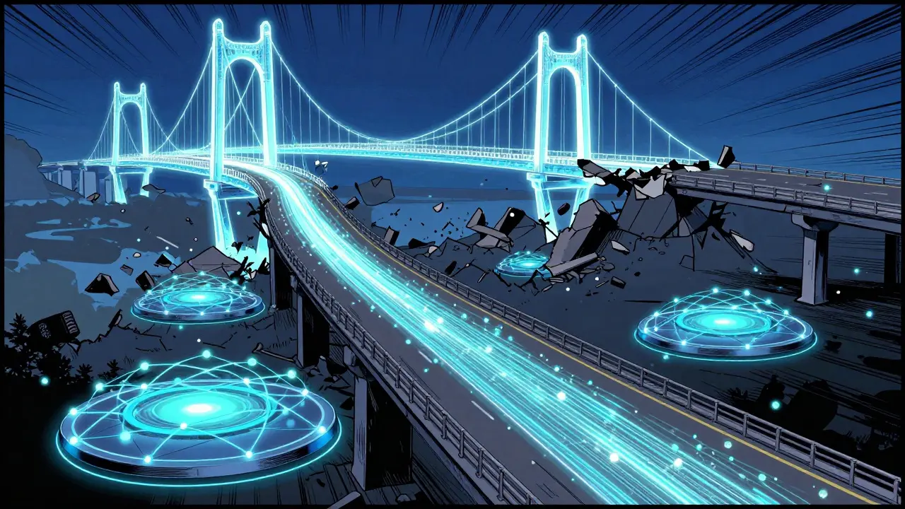 Comic style image of a secure data stream replacing a crumbling digital bridge.