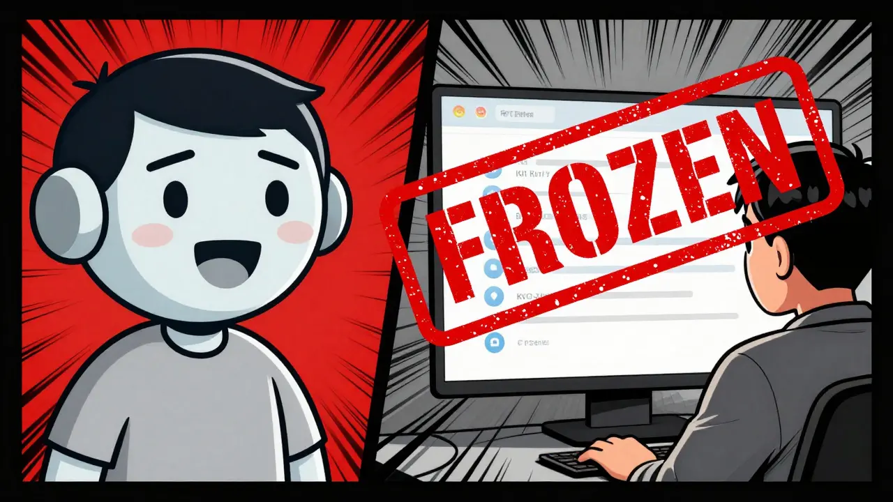 Comic style split-screen showing a friendly interface versus a frozen account balance with a red stamp.