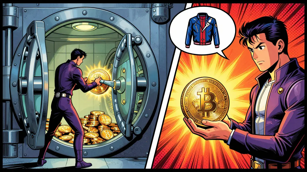Conceptual comic split showing a coin being locked in a vault and a wrapped token being created