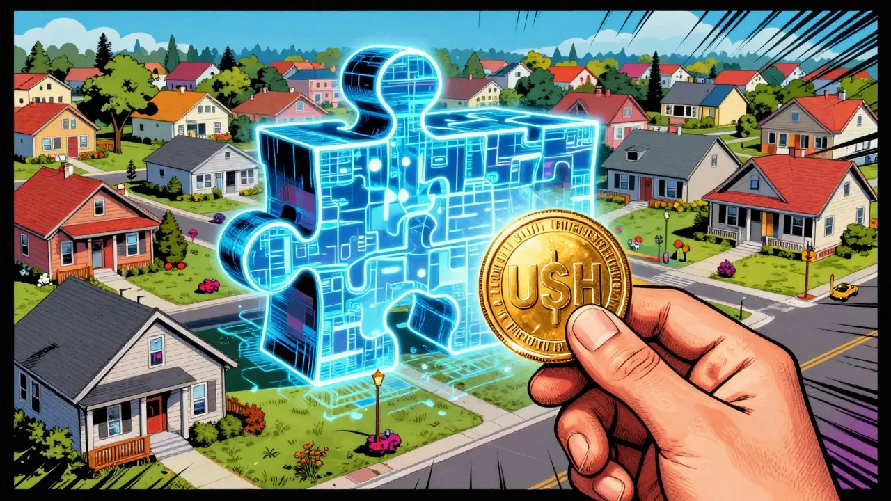 Digital blockchain grid integrating American suburban homes with a golden token