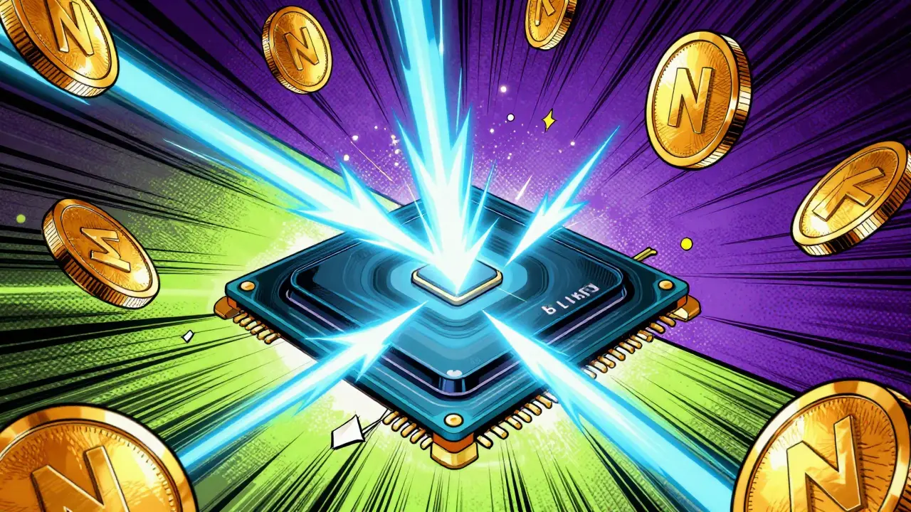 Electric sparks and golden tokens emerging from a processor, representing blockchain mining.