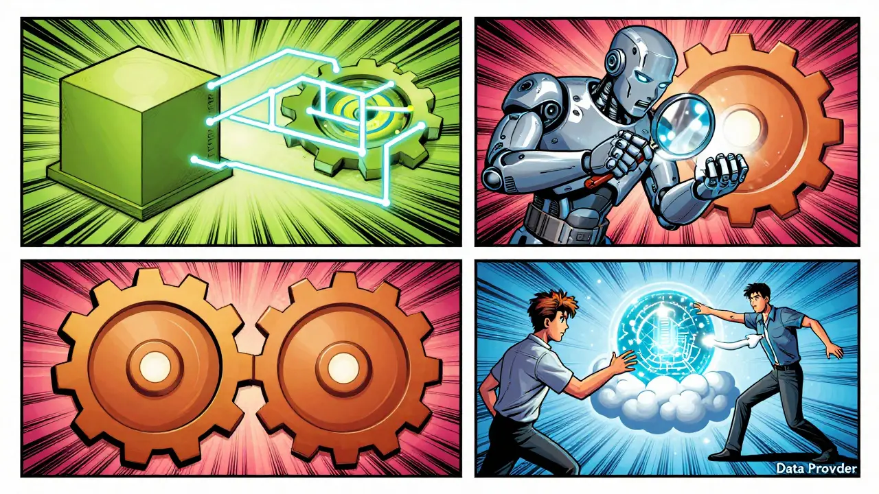 Four components of SEDA: chain, overlay network, solver, and data provider in comic art.