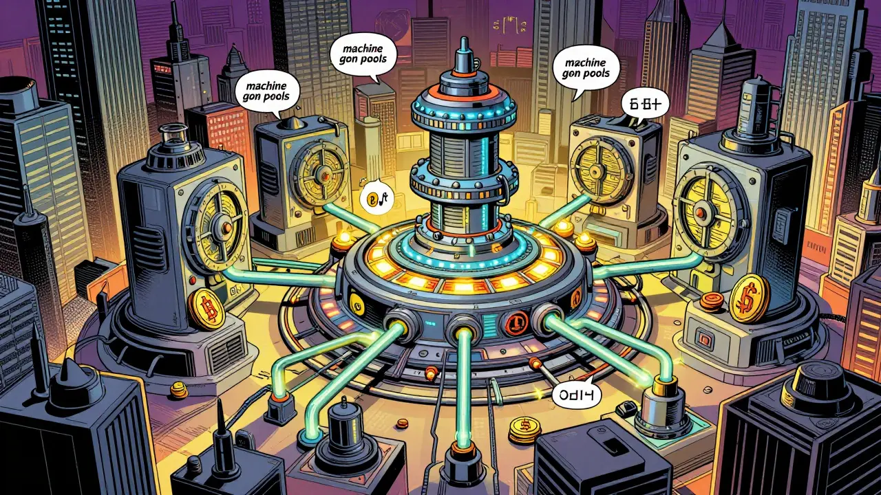 Futuristic DeFi hub with digital vaults and currency conduits in comic book art