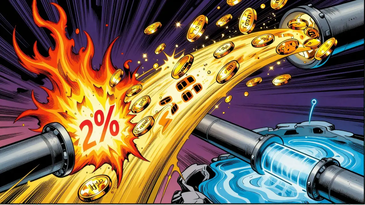 Golden coins being burned in a cosmic fire and flowing into a liquidity pool in comic style.