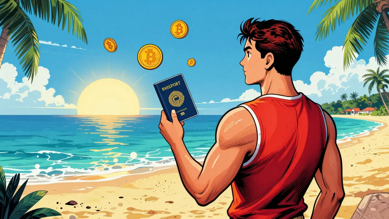 Happy man with a new passport on a tropical beach in pop art comic style