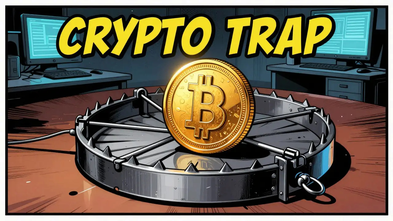 Pop art drawing of a golden crypto coin acting as bait in a digital trap within an empty office.