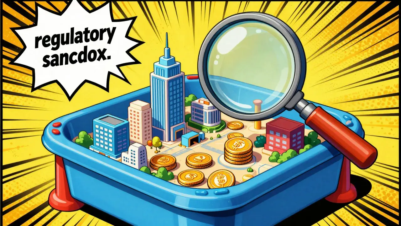 Pop art illustration of a financial city inside a regulatory sandbox under a magnifying glass.