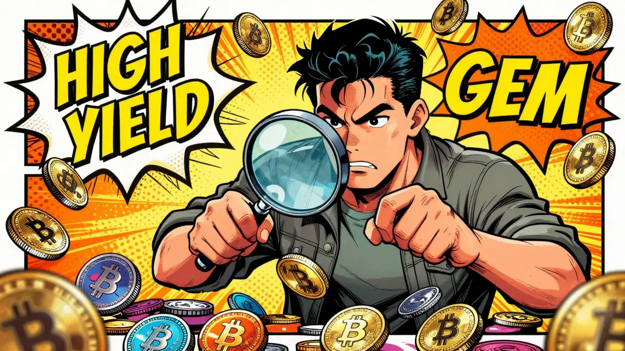 Pop art illustration of a person searching for cryptocurrency gems