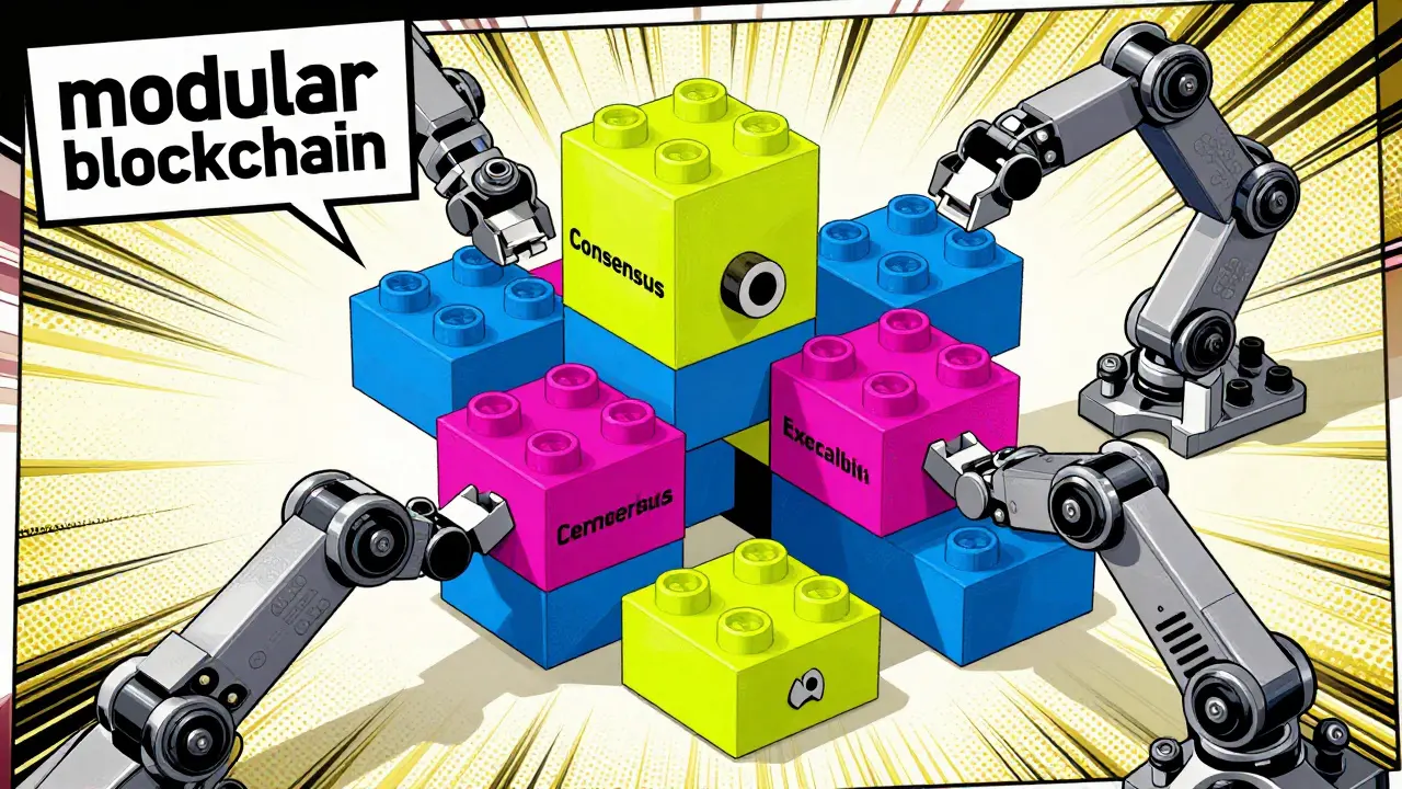 Pop art illustration of modular blockchain components being assembled like high-tech Lego blocks.