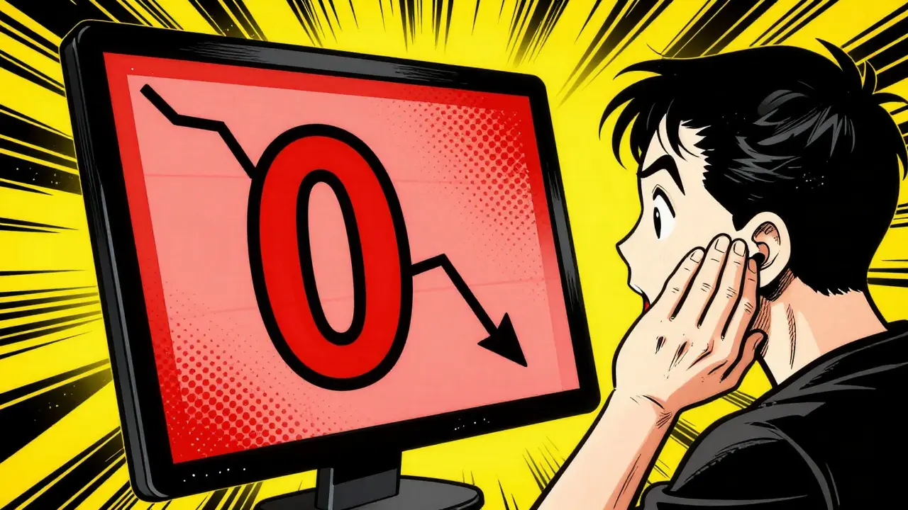 Shocked person looking at a price chart crashing to zero in a red alert comic scene