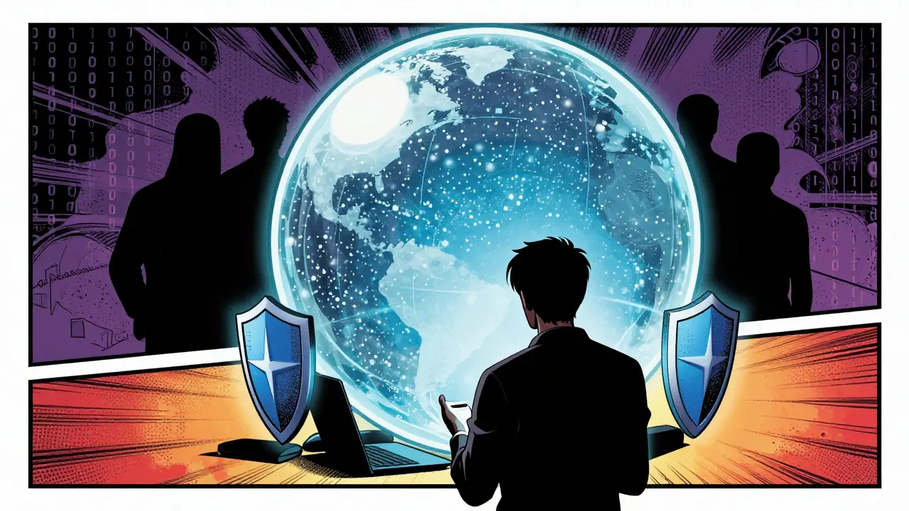 Silhouette viewing a secure data sphere with shadows.