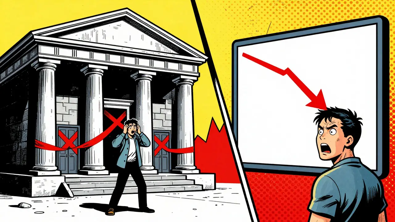 Split comic panel showing a locked bank building and a crashing cryptocurrency price chart.