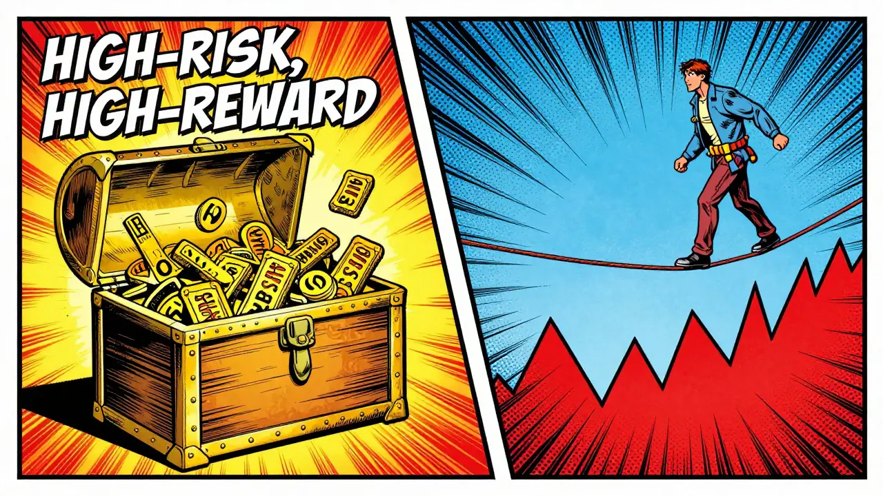 Split scene showing a treasure chest of rewards versus a risky tightrope walk over volatile graphs.