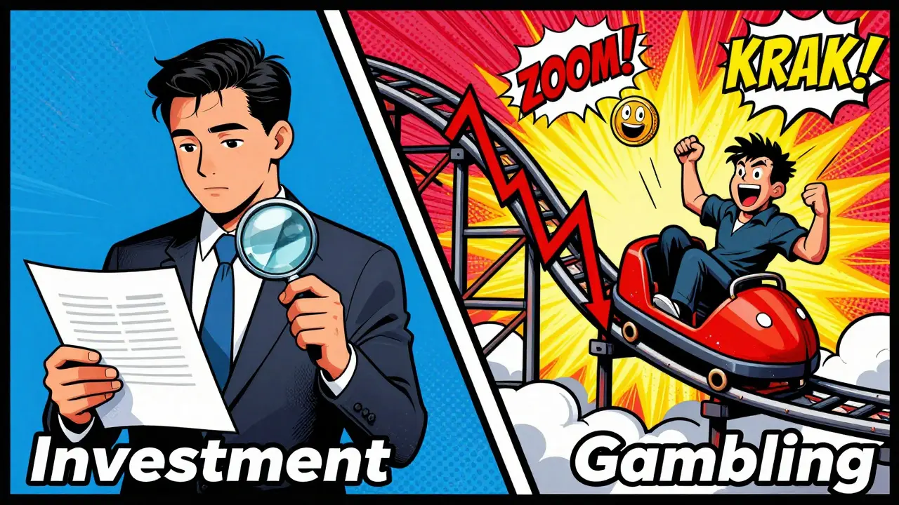 Split screen showing careful research versus the volatility of a crashing meme coin