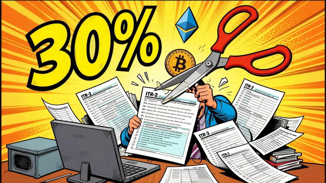 Stressed trader surrounded by tax forms and giant scissors cutting crypto coins