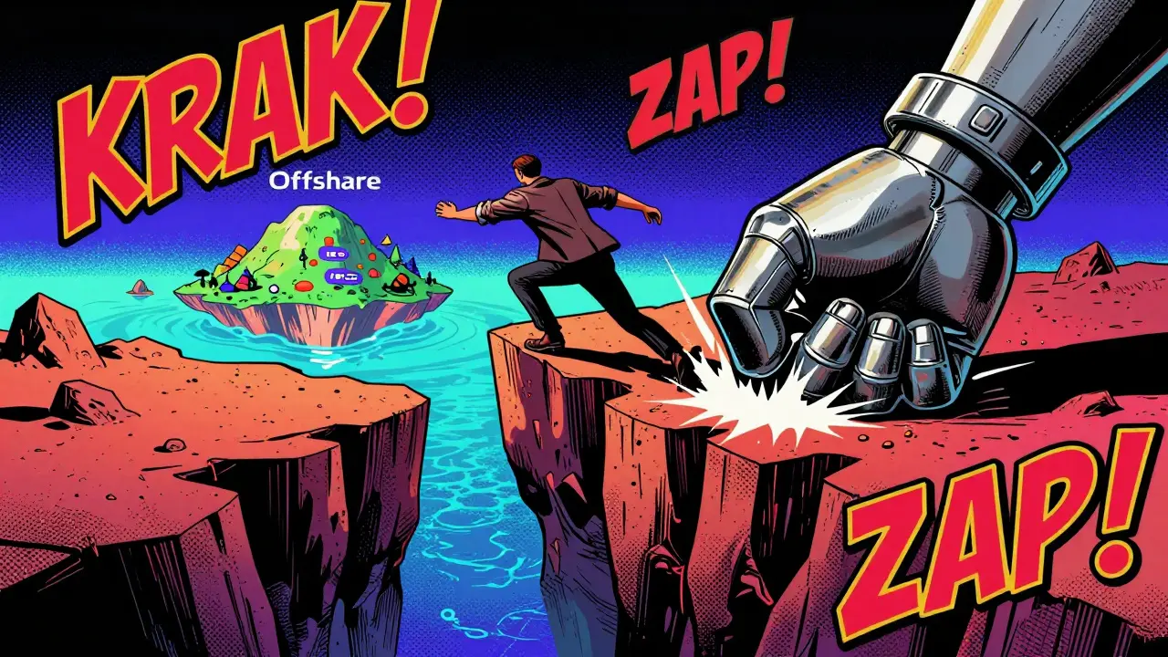 Trader trying to reach an offshore island while being held back by a government grip