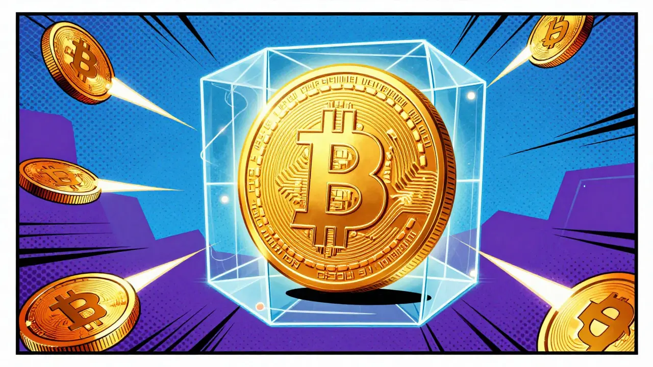 A locked golden Bitcoin coin surrounded by tribute coins in a vibrant comic illustration.