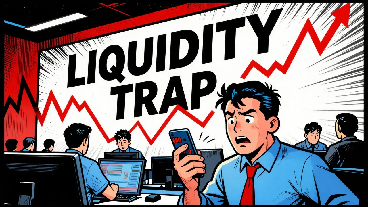 Chaotic trading scene with erratic price charts and a confused trader, illustrating liquidity risks.